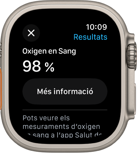 La pantalla de resultats d’oxigen en sang que mostra una saturació d’oxigen en sang del 98%. A sota hi ha el botó “Més informació”.