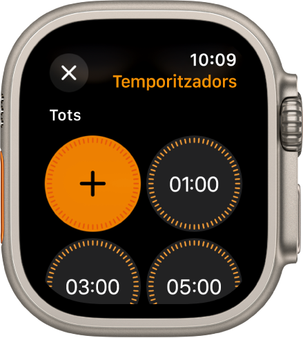 Pantalla de l’app Temporitzador amb el botó Afegir per crear un temporitzador, així com temporitzadors ràpids d’1, 3 o 5 minuts.