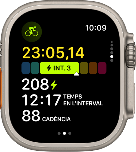 Pantalla d’un entrenament de ciclisme en curs que mostra el temps transcorregut, la zona on ets, el temps que has passat en la zona actual i la cadència.