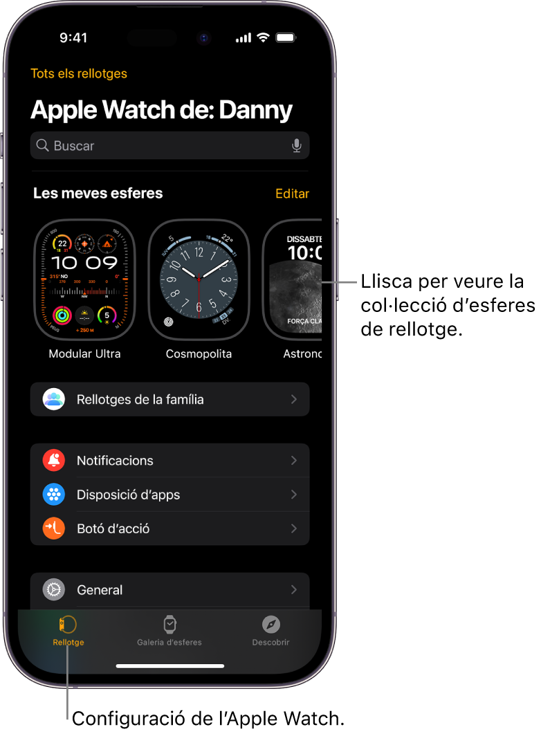 L’app Apple Watch a l’iPhone mostra la pantalla Rellotge, que t’ensenya les esferes del rellotge a la part superior i la configuració a la part inferior. Hi ha tres pestanyes a la part inferior de la pantalla de l’app Apple Watch: a l’esquerra hi ha la pestanya Rellotge, que hi vas per consultar la configuració de l’Apple Watch; la següent és la pestanya “Galeria d’esferes”, en què pots explorar les esferes de rellotge que estan disponibles i les complicacions, i, finalment, la pestanya Descobrir, en què pots obtenir més informació sobre l’Apple Watch.