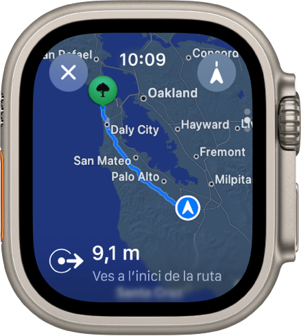 L’app Mapes mostra una visió general de les rutes en cotxe. A la part inferior es mostra el primer tram del viatge.