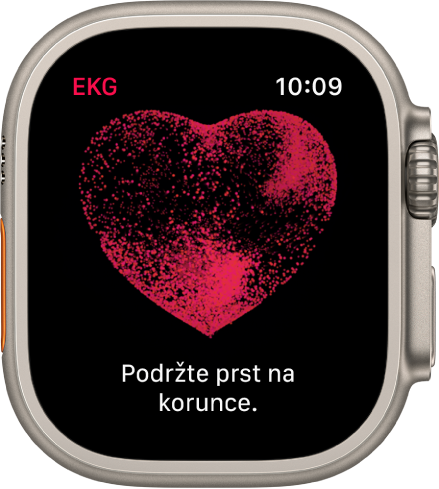 Aplikace EKG zobrazující srdce s textem „Podržte prst na korunce“.