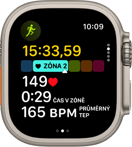 Při probíhajícím běžeckém tréninku se zobrazuje uplynulý čas cvičení, zóna, v níž se právě nacházíte, tepová frekvence, čas v zóně a průměrná tepová frekvence.