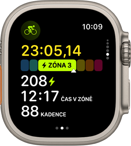 Při probíhajícím cyklistickém tréninku se zobrazuje uplynulý čas tréninku, zóna, v níž se právě nacházíte, FPV, čas v zóně a kadence.