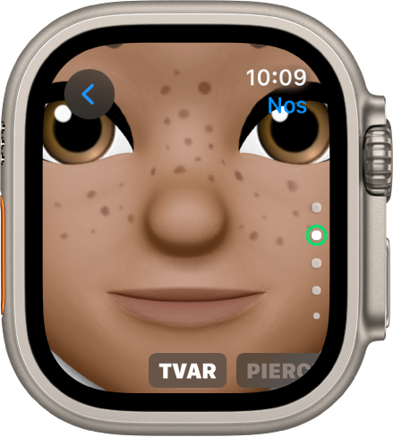 V aplikaci Memoji na Apple Watch je otevřená obrazovka úprav nosu. Obličej je ukázán v detailu zaměřeném na nos. Pod ním je vidět slovo Tvar.
