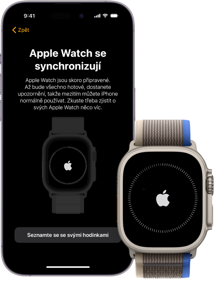 iPhone a Apple Watch Ultra se synchronizačními obrazovkami