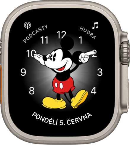 Ciferník Myšák Mickey, na který můžete přidat celou řadu komplikací Zobrazují se na něm tři komplikace: vlevo nahoře Podcasty, vpravo nahoře Hudba a dole Datum.