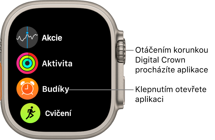 Plocha na Apple Watch v zobrazení Seznam se seznamem aplikací. Klepněte na aplikaci, kterou chcete otevřít. Další aplikace zobrazíte posouváním.