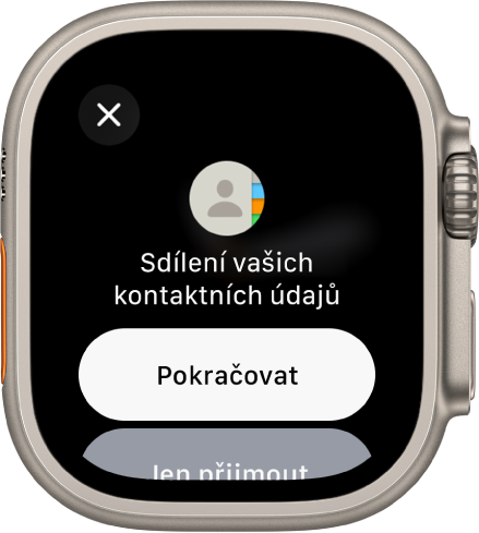 Obrazovka NameDropu zobrazující dvě tlačítka: „Pokračovat“, které umožňuje přijímání kontaktů a sdílení vlastních kontaktních údajů; a „Jen přijmout“, které umožňuje jen přijímání kontaktních údajů jiných osob.