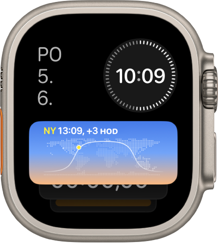 Chytrá sada se třemi widgety na hodinkách Apple Watch Ultra: Den a datum vlevo nahoře, digitální čas vpravo nahoře a světový čas uprostřed.