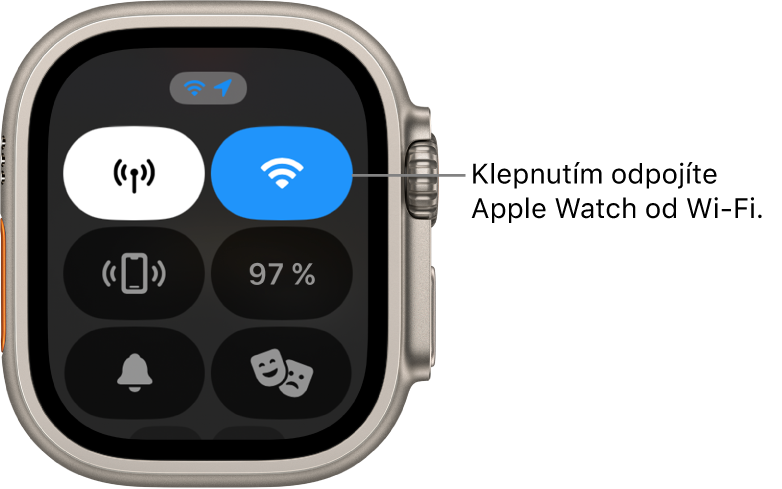Ovládací centrum na Apple Watch Ultra s tlačítkem Wi‑Fi vpravo nahoře. Popisek s textem „Klepnutím se odpojíte od Wi‑Fi“
