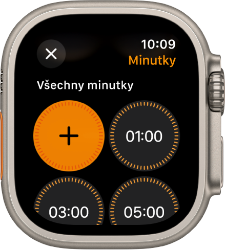 Obrazovka aplikace Minutka s tlačítkem Přidat pro vytvoření nové minutky a rychlými minutkami nastavenými na 1, 3 nebo 5 minut.