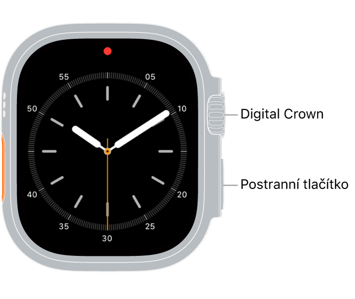 Přední strana Apple Watch Ultra s korunkou Digital Crown nahoře na pravé straně hodinek a postranním tlačítkem vpravo dole