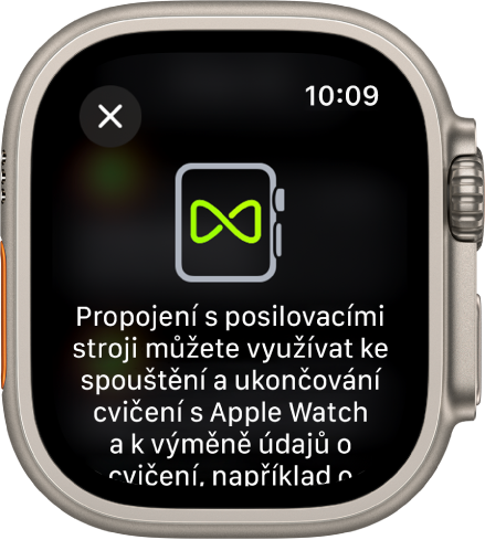 Obrazovka párování, která se zobrazuje, když Apple Watch párujete s posilovacími stroji