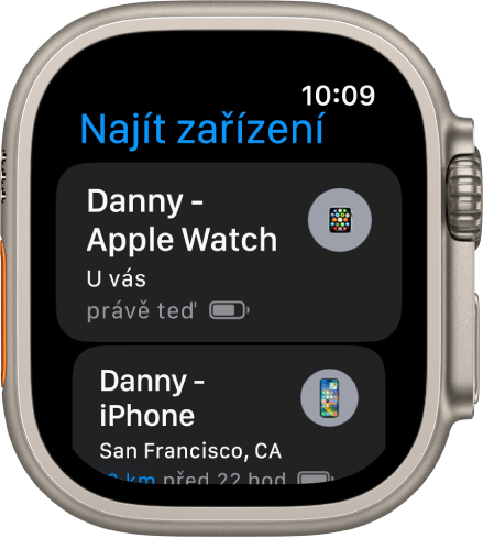Aplikace Najít zařízení se dvěma zobrazenými zařízeními – Apple Watch a iPhonem