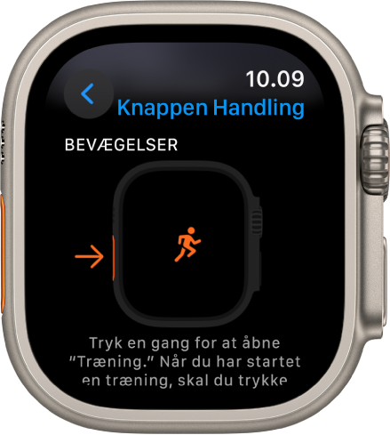 Skærmen med knappen Handling på Apple Watch Ultra, som viser Træning som den tildelte handling og app. Når du trykker på knappen Handling en enkelt gang, åbnes appen Træning.