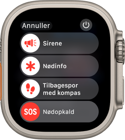Der vises fire mærker på skærmen på Apple Watch: Sirene, Nødinfo, appen Kompas med Find tilbage og Nødopkald SOS. Afbryderknappen er placeret øverst til højre.