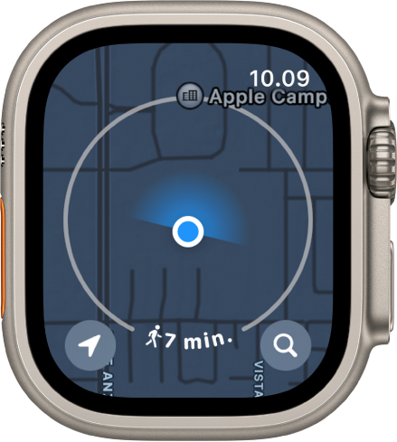 Appen Kort med en cirkel rundt om den aktuelle lokalitet, som repræsenterer en syv minutters gåradius. Knappen Lokalitet vises nederst til venstre, og knappen Søg vises nederst til højre.