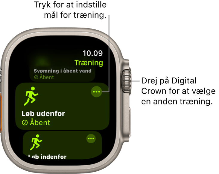 Skærmen Træning med træningen Løb udenfor fremhævet. Øverst til højre for træningens navn vises knappen Mere.