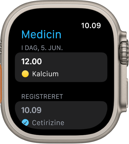 Skærmen Medicin viser en medicin, som skal tages ved middagstid og en registreret medicin.