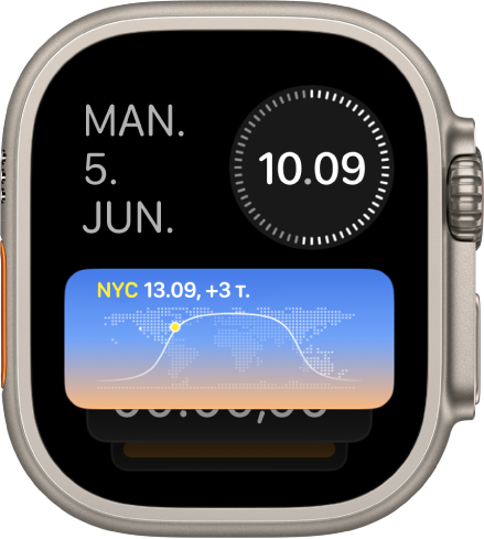 Smart stak på Apple Watch Ultra viser tre widgets. Dag og dato øverst til venstre, digital tid øverst til højre og Verdensur i midten.
