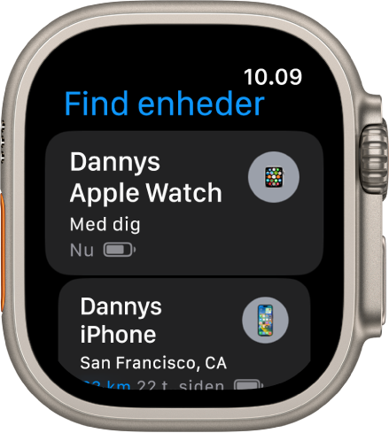 Appen Find enheder viser to enheder – et Apple Watch og en iPhone.