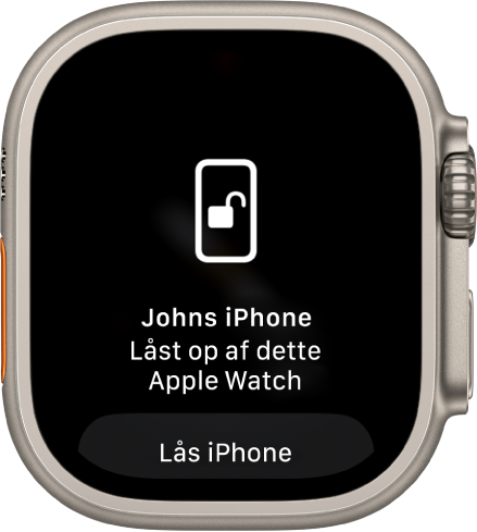 Skærmen på Apple Watch, der viser ordene “iPhone tilhørende John blev låst op af dette Apple Watch”. Knappen Lås iPhone vises nedenunder.