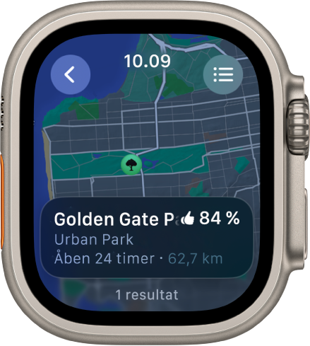 Appen Kort, der viser et kort over Golden Gate Park i San Francisco med en vurdering af parken, åbningstiderne og afstanden fra din aktuelle lokalitet. Knappen Ruter findes øverst til højre. Knappen Tilbage findes øverst til venstre.