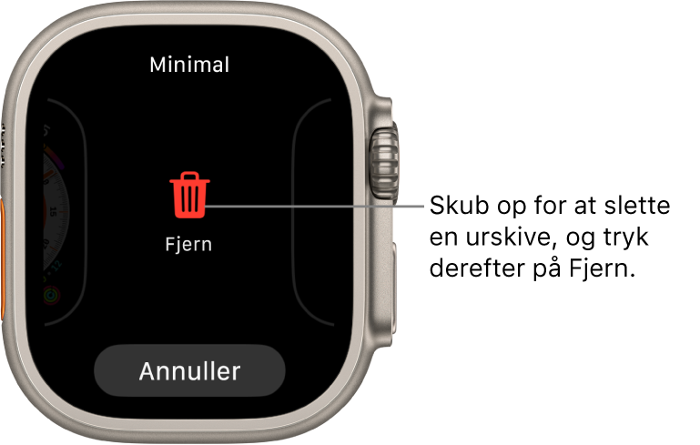 Skærmen på Apple Watch, der viser knapperne Fjern og Annuller, som vises, efter du har skubbet til en urskive og derefter skubbet op på den for at slette den.