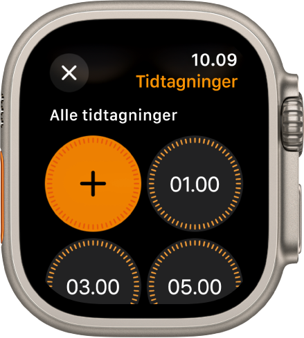 Skærmen med appen Tidtagning, der viser tilføjelsesknappen til at oprette en ny tidtagning samt hurtige tidtagninger på 1, 3 eller 5 minutter.