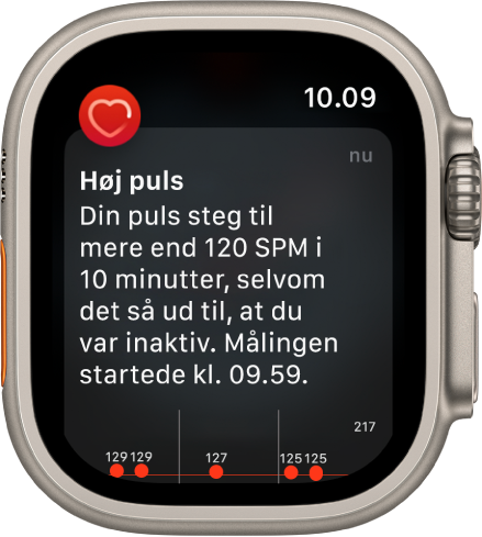 Skærmen Høj puls, der viser en notifikation om, at din puls steg til mere end 120 SPM i 10 minutter, hvor du lod til at være inaktiv.