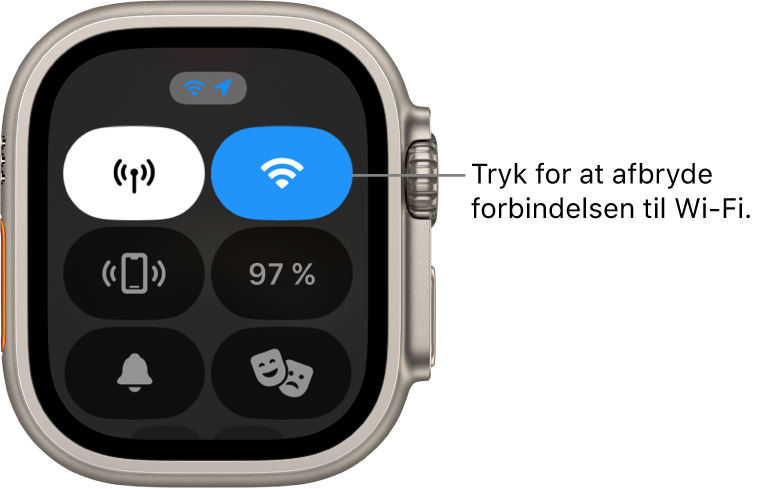 Kontrolcenter på Apple Watch Ultra med knappen Wi-Fi øverst til højre. Billedteksten siger “Tryk for at afbryde forbindelsen til Wi-Fi”.