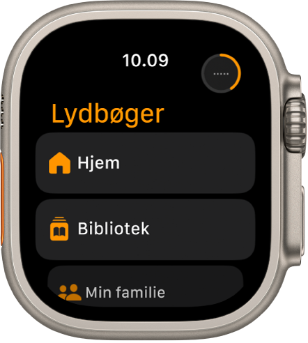 Appen Lydbøger, der viser knapperne Hjem, Bibliotek og Min familie.