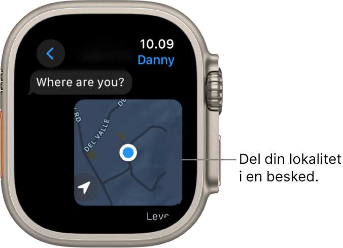 Appen Beskeder, der viser et kort med en persons markerede lokalitet.