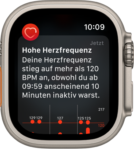 Ein Warnbildschirm der App „Herzfrequenz“ mit dem Hinweis, dass eine zu hohe Herzfrequenz festgestellt wurde.