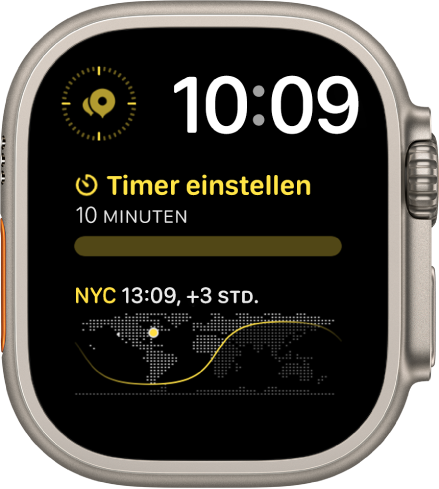 Das Zifferblatt „Modular Duo“ mit einer digitalen Uhr oben rechts und drei Komplikationen: „Kompass-Wegpunkte“ oben links, „Timer“ in der Mitte und „Weltuhr“ unten.