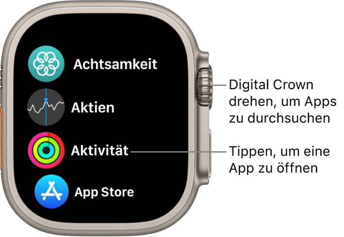 Home-Bildschirm in der Listendarstellung auf der Apple Watch mit Apps in einer Liste. Tippe auf eine App, um sie zu öffnen. Scrolle, um mehr Apps anzuzeigen.
