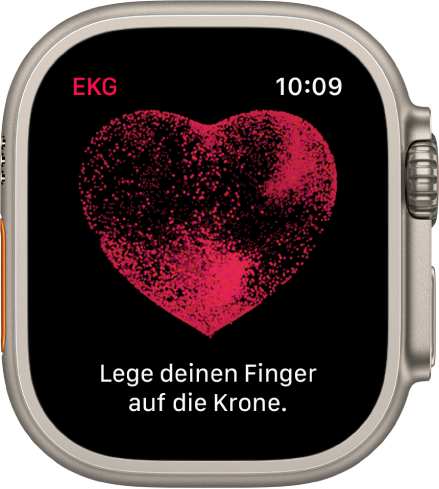 Die App „EKG“ mit dem Bild eines Herzens und dem Text „Lege deinen Finger auf die Krone.“