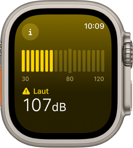 Die App „Geräusche“ mit einem Geräuschpegel von 107 Dezibel und dem Wort „Laut“ darüber. Ein Lautstärkemesser wird in der Mitte des Bildschirms angezeigt.
