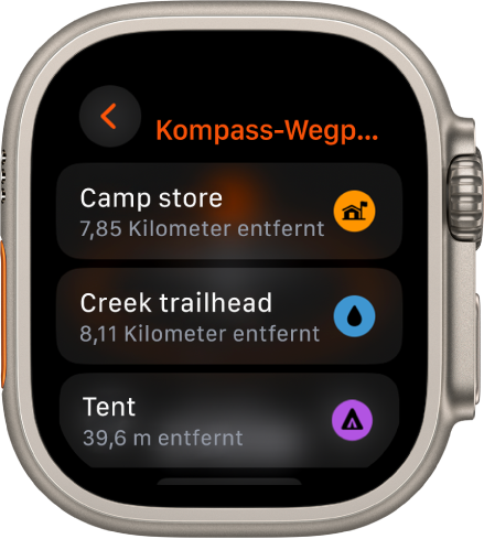Die App „Kompass“ mit einer Liste von Wegpunkten.