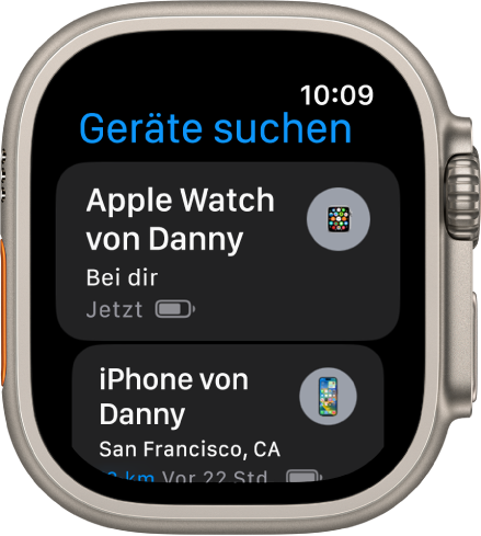 Die App „Geräte suchen“ mit zwei Geräten – einer Apple Watch und einem iPhone.