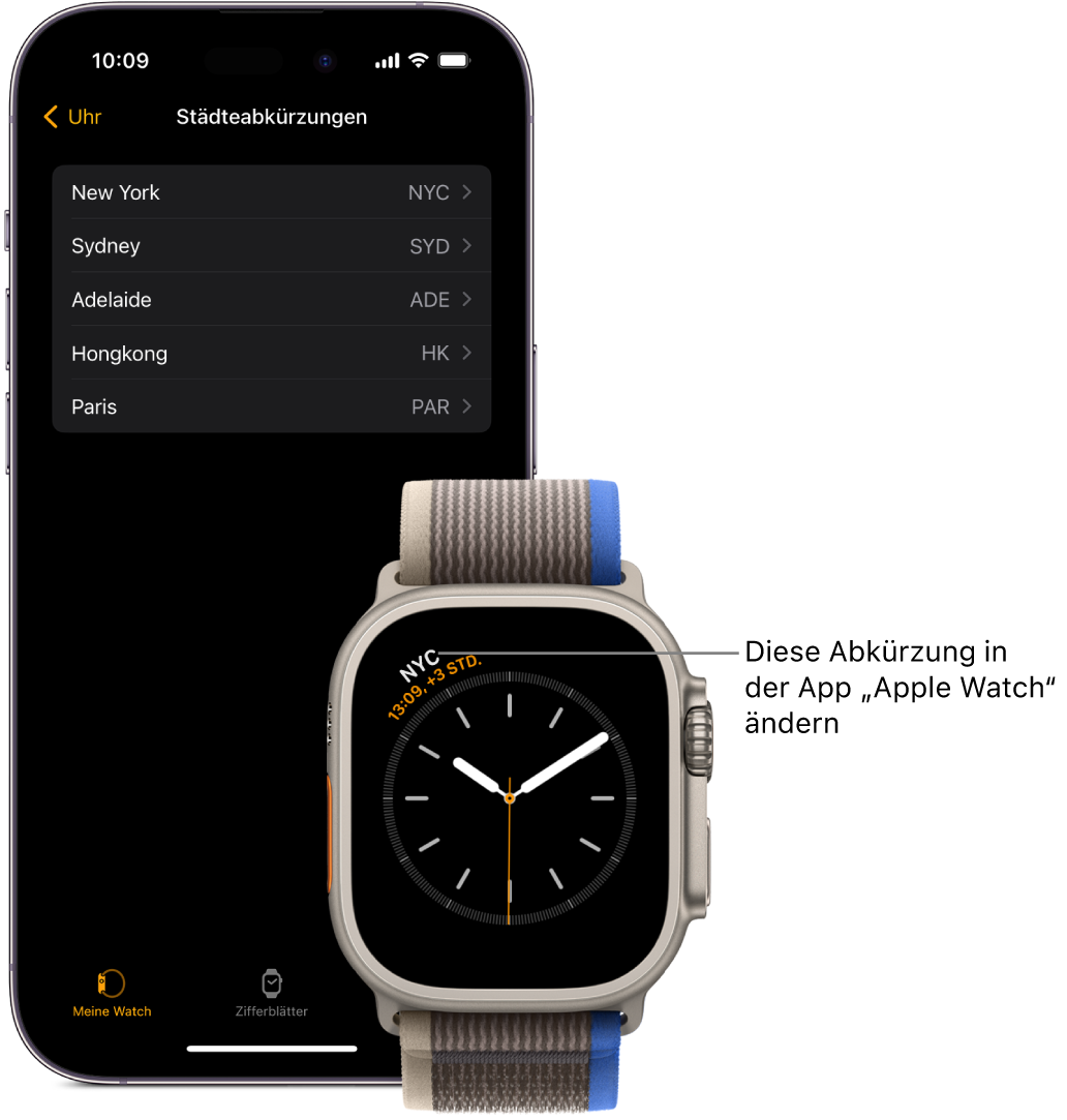 Ein iPhone neben einer Apple Watch. Das Apple Watch-Display zeigt die Uhrzeit in New York und verwendet dabei die Abkürzung NYC. Der iPhone-Bildschirm mit der Liste der Städte in den Einstellungen für „Uhr“ in der Apple Watch-App.