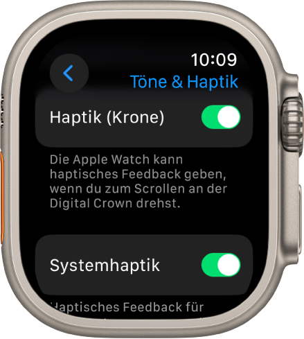 Die Anzeige „Haptik (Krone)“ mit aktiviertem Schalter „Haptik (Krone)“. Darunter befindet sich der Schalter „Systemhaptik“.