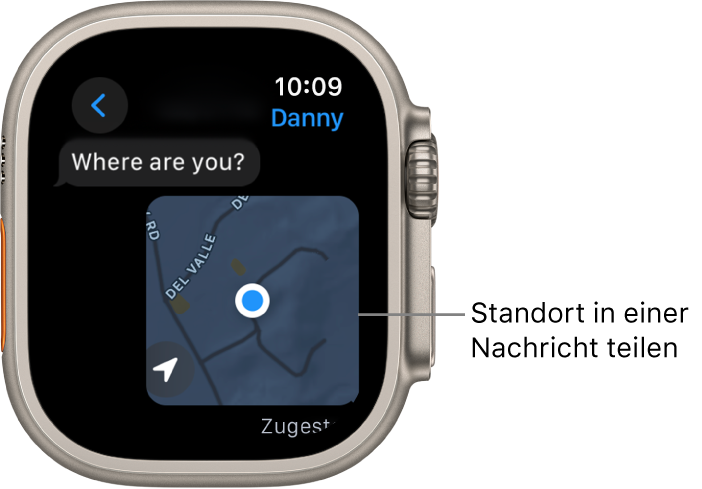 In der App „Nachrichten“ wird eine Karte angezeigt, in der der Standort der Person markiert ist.