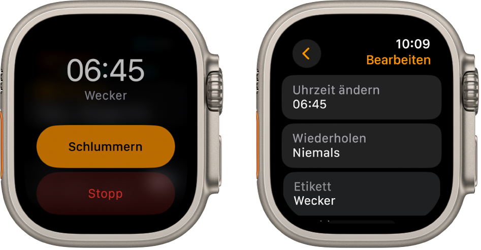 Zwei Ansichten der Apple Watch: Eine Uhr zeigt ein Zifferblatt mit den Tasten „Schlummern“ und „Stopp“, die andere Einstellungen für „Wecker bearbeiten“ und darunter die Tasten „Uhrzeit ändern“, „Wiederholen“ und „Etikett“. Die Option „Schlummern“ befindet sich unten. Die Option „Schlummern“ ist ausgeschaltet.