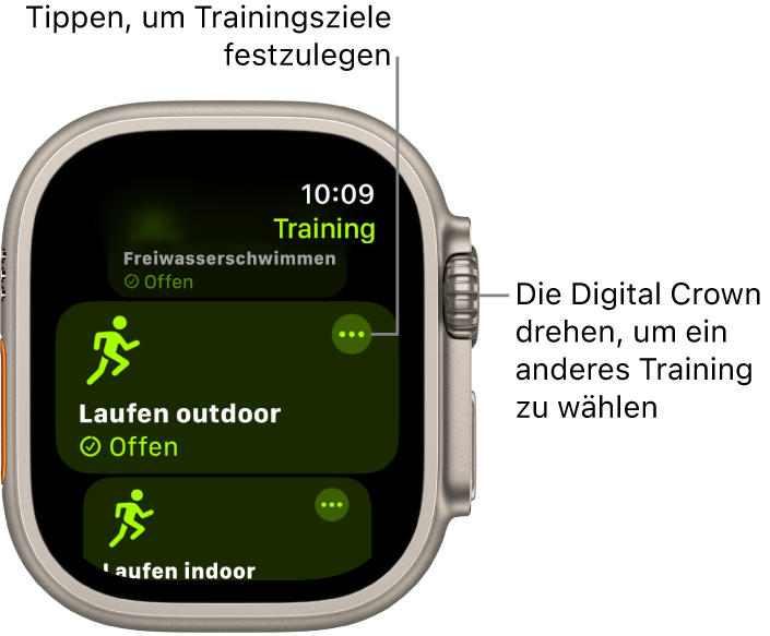 Die App „Training“ mit hervorgehobenem Training „Laufen outdoor“. Die Taste „Mehr“ befindet sich oben rechts in der Trainingskachel.