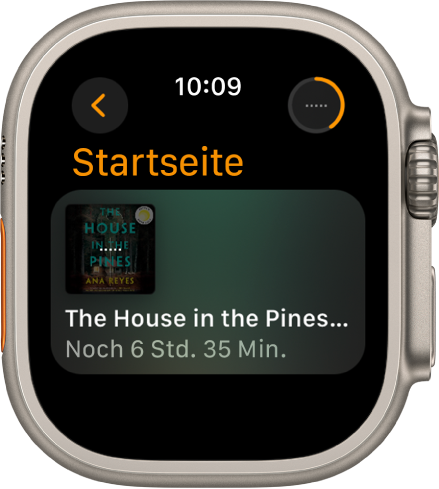 Der Home-Bildschirm in der App „Hörbücher“. Oben rechts befindet sich die Taste „Jetzt läuft“. Das derzeit wiedergegebene Buch wird in der Mitte und die verbleibende Wiedergabezeit unterhalb des Titels angezeigt.