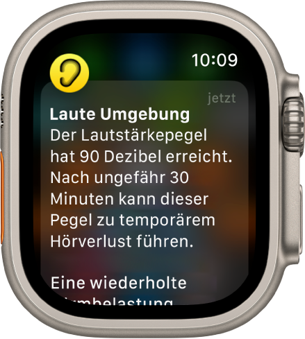 Apple Watch, auf der eine Geräuschpegelwarnung zu sehen ist. Das Symbol für die App, zu der die Mitteilung gehört, wird oben links angezeigt. Du kannst darauf tippen, um sie in der App zu öffnen.