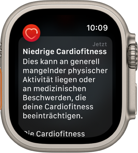 Eine Warnung der App „Herzfrequenz“ über eine niedrige Cardiofitness.