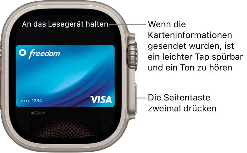 Die Anzeige „Apple Pay“ mit der Nachricht „An das Lesegerät halten“ oben; du spürst einen leichten Tap und hörst einen Ton, wenn deine Karteninformationen gesendet werden.